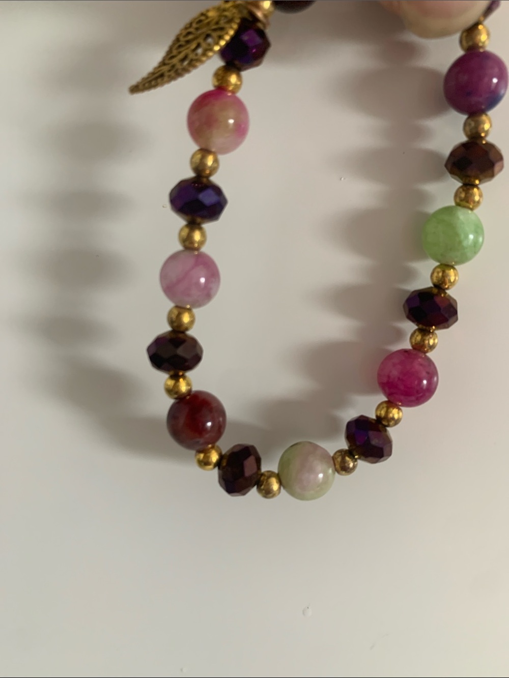 Beautiful Pink, Purple & Green Beaded Bracelet with Gold Leaf Charm - Picture 3 of 5